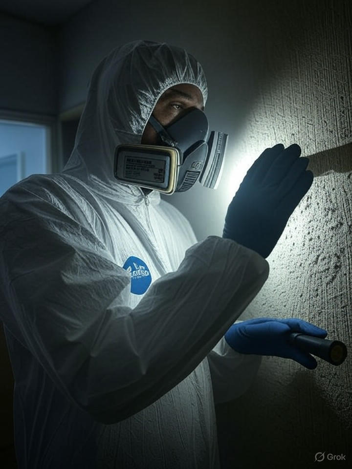 Inspecteur amiante examine mur logement Diagnostic amiante logement ancien