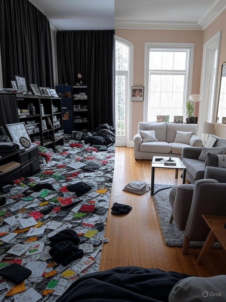 Comparaison salon avant/après home staging. Avant/après home staging : salon épuré