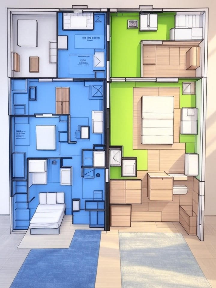 Plan dappartement, surfaces Carrez/Boutin. Plan appartement Carrez/Boutin zones colorées