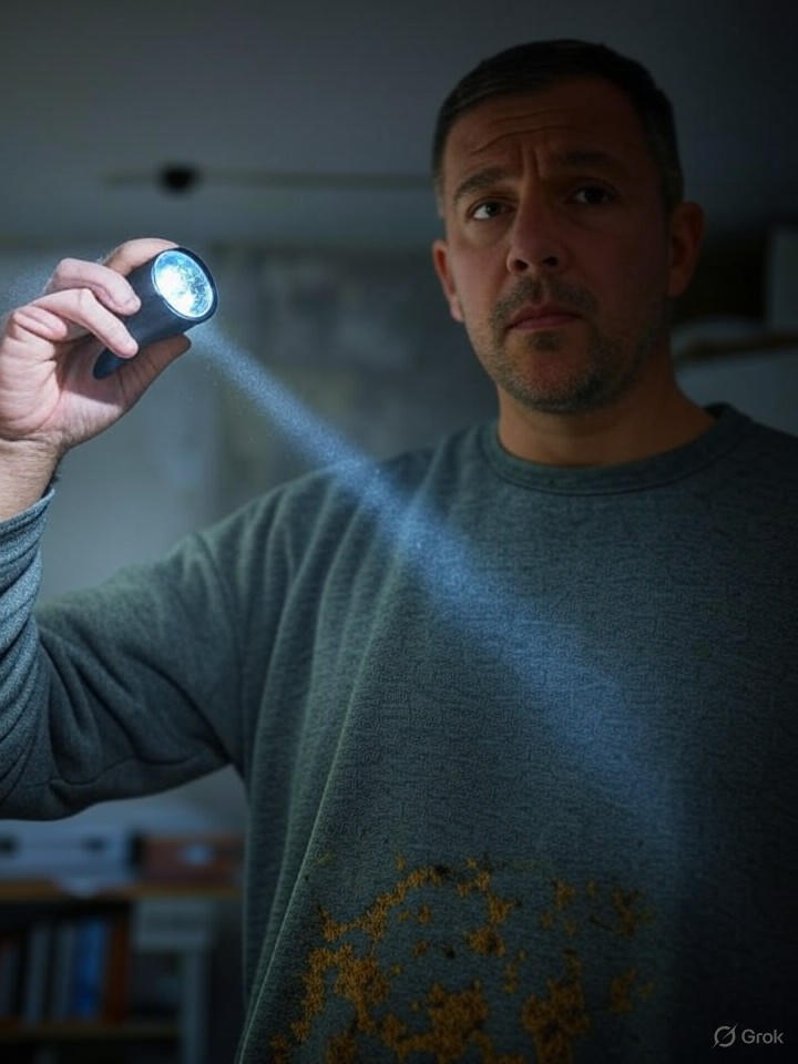 Acheteur inspecte humidité mur avec lampe torche
